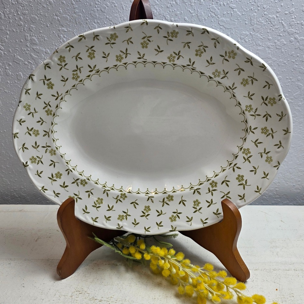 Vintage J&G Meakin 'Forget Me Not' Oval Ceramic Platter Green Floral Scallop
